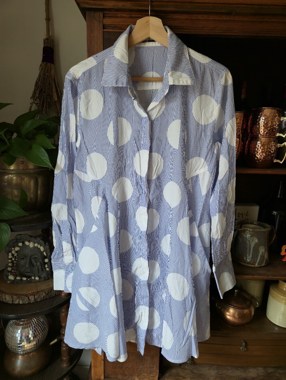 GABBY ISABELLA Blue & White Polka Dot Skater Style Flared Skirt Shirt Dress, sm